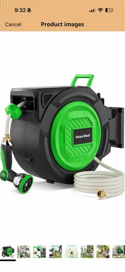 New in box Retractable Garden Hose Reel, 1/2 in x 100 ft Heavy Duty Wall-Mounted Hose Reel with 180° Swivel Bracket, 10-Pattern Nozzle, Automatic Slow