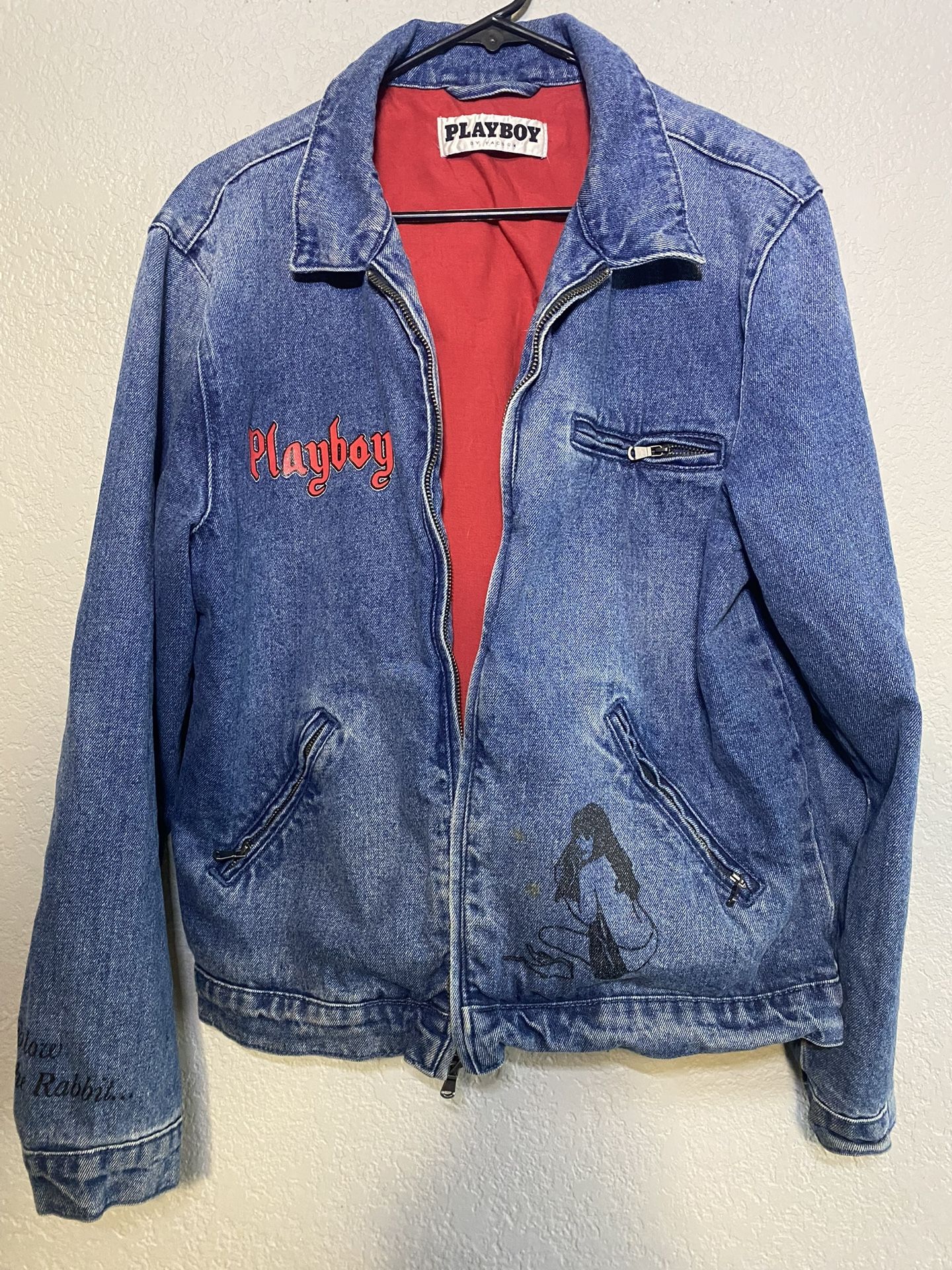 Playboy Mens Sz. M Denim Blue Jean Jacket Pacsun Zip Pocket Retro Art Work