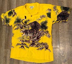 Vintage Avanti Silk Hawaiian Aloha Bengal Tiger Yellow Shirt Size large