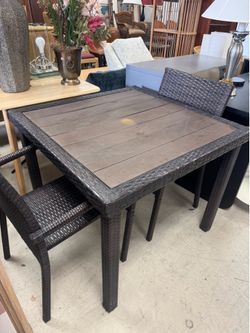 Brown Rattan Wicker Patio Bar Height Table  with 2 chairs - 35” x 35”