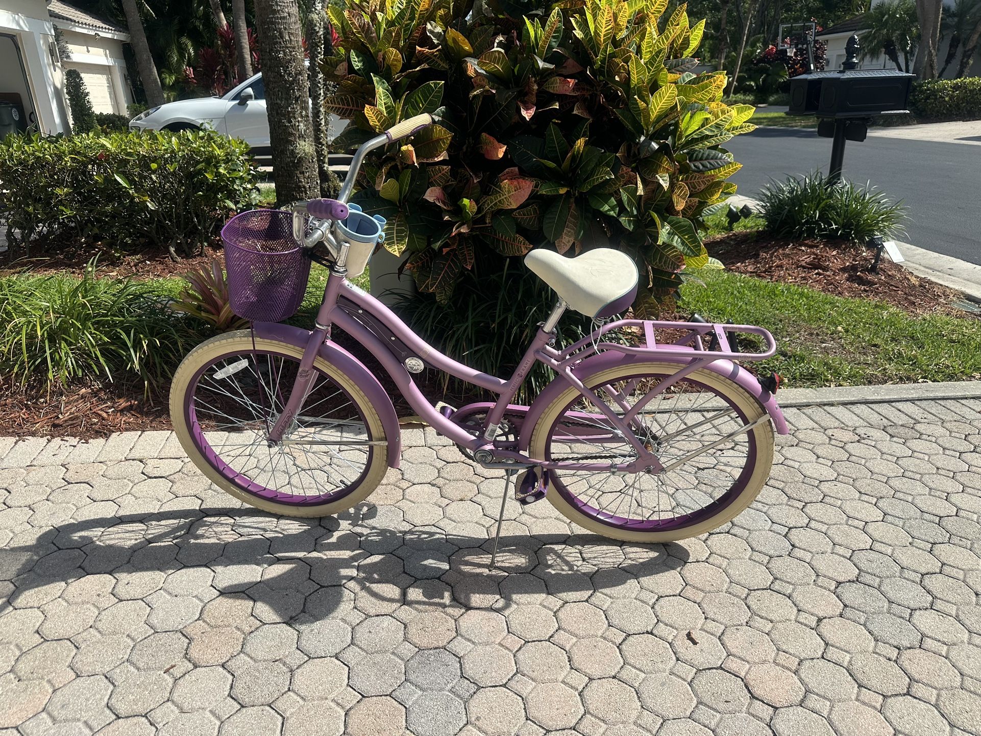 Huffy Girls Purple 24” Cruiser Bike With Basket, Cup Holder And Rear Rack