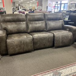 Real Leather Gray Power Recliner Sofa