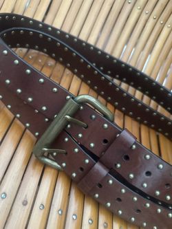 Brown Leather Studded Belt with Double Prong Buckle