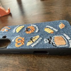 🍞 Retro Denim Embroidered iPhone 16  – Bread & Pastry Design 💙