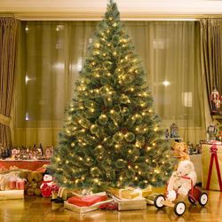 #3- 6Ft Prelit PVC Artificial Carolina Pine Tree Flocked Cones Hinged with LED Light