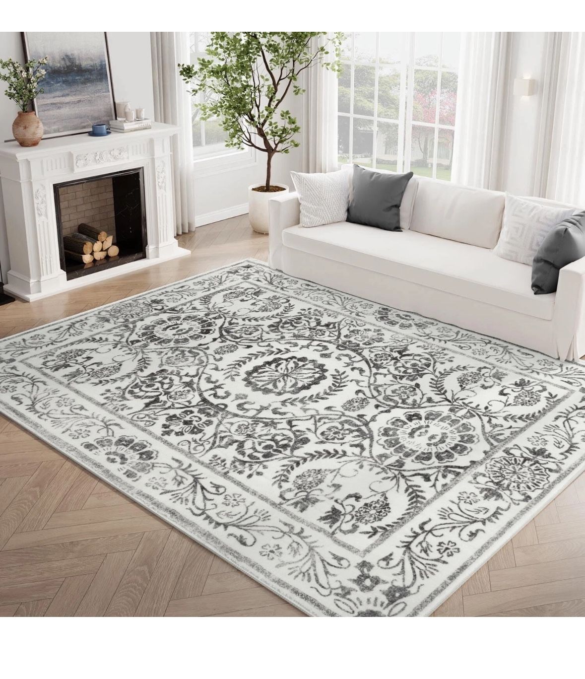 Jinchan Washable Area Rug 6 x 9 Low Pile Bedroom Rug Indoor Grey Floral Print