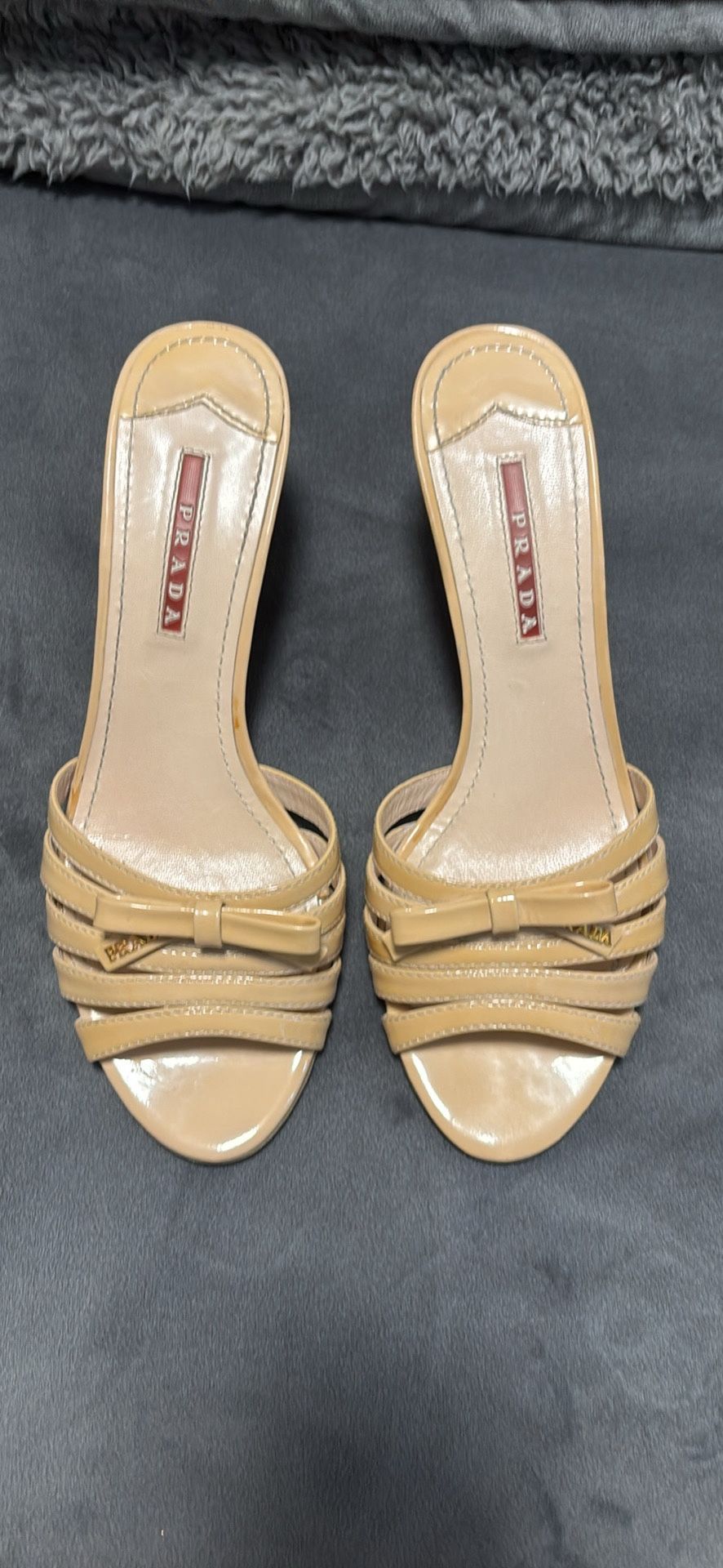Prada Open Toe Tan Patent Leather Wedges Size 39
