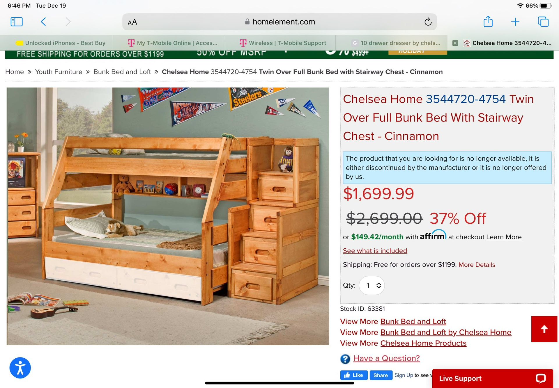 3 Piece Set Beautiful Bunk Bed (trundle) With Two Large Dressers.