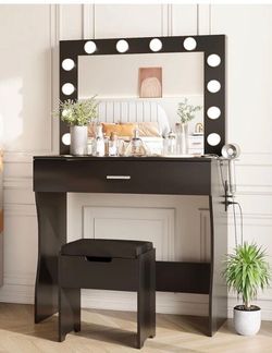 Black Vanity Desk with Lighted Mirror and Stool