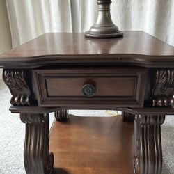2 Drawer Scroll Lift Top Cocktail Table with Open Bottom Shelf, Brown With A Match End Table 