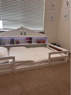 Giantex Twin Size Montessori Floor Bed with LED Lights, 2-in-1 Wooden House Bed Frame with Safety Guardrails, Storage Compartments & Shelf,