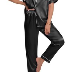 Women's XL Black Silk Satin Pajamas Set, Two-Piece Short Sleeve Shirt with Long Pajama Pant