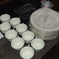 10 Hard Plates With Real Gold Trims, 9 Tea Cups With Real Gold Trims, And 2 Salsa Dippers 