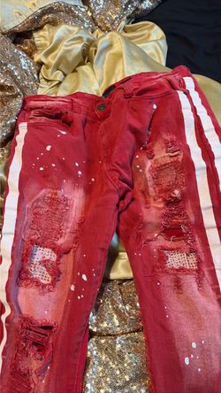 Red Distressed Jeans with Side Stripe