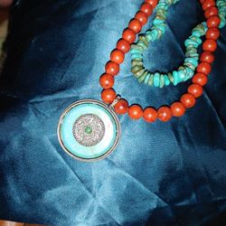 Turquoise(faux) & Coral (Faux)  Double Strand Pendant