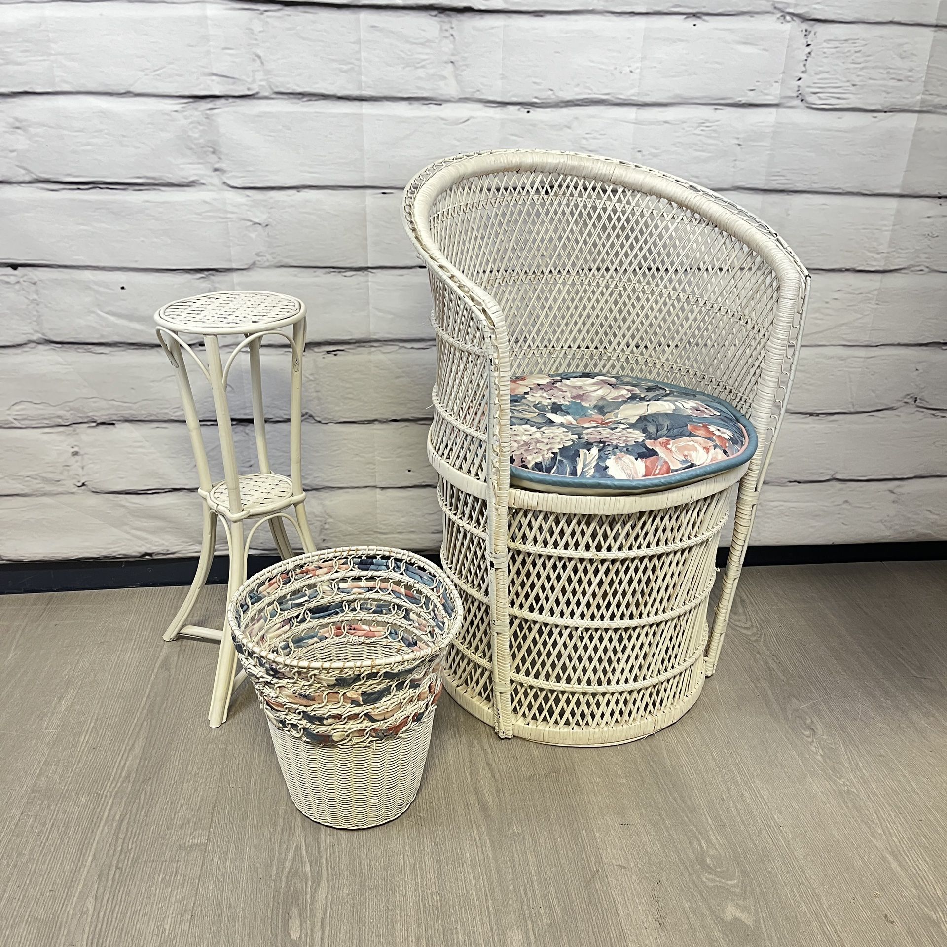 Vintage White Wicker Bucket Barrel Chair, Plant Stand & Trash Can Basket