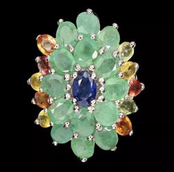 925 sterling silver Emerald and multicolor sapphire ring size 9