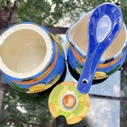 Ceramic Hand Painted by Miloon and Louis Creamer and Sugar Container w/ Spoon