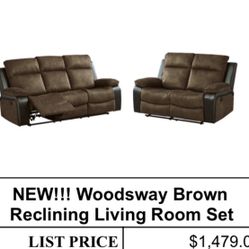 NEW!!! Woodsway Brown Reclining Living Room Set (( Sofa Loveseat 