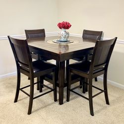 Dark Wood Dining Table Set (4 Chairs + Lazy Susan)
