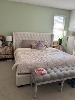 King Tufted Upholstered Bed Frame with Wingback Headboard
