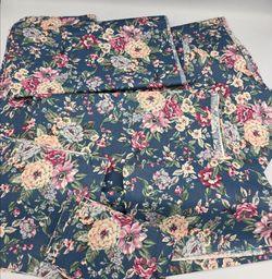 Vtg Fabric Sateen Cotton Blue Multi Floral Quilting Sewing Various Pieces Sizes