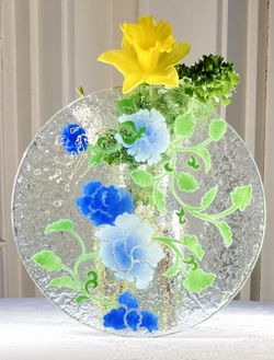 Anne C Ross Fused Art Glass Plate Signed  Blue Flowers Gorgeous!