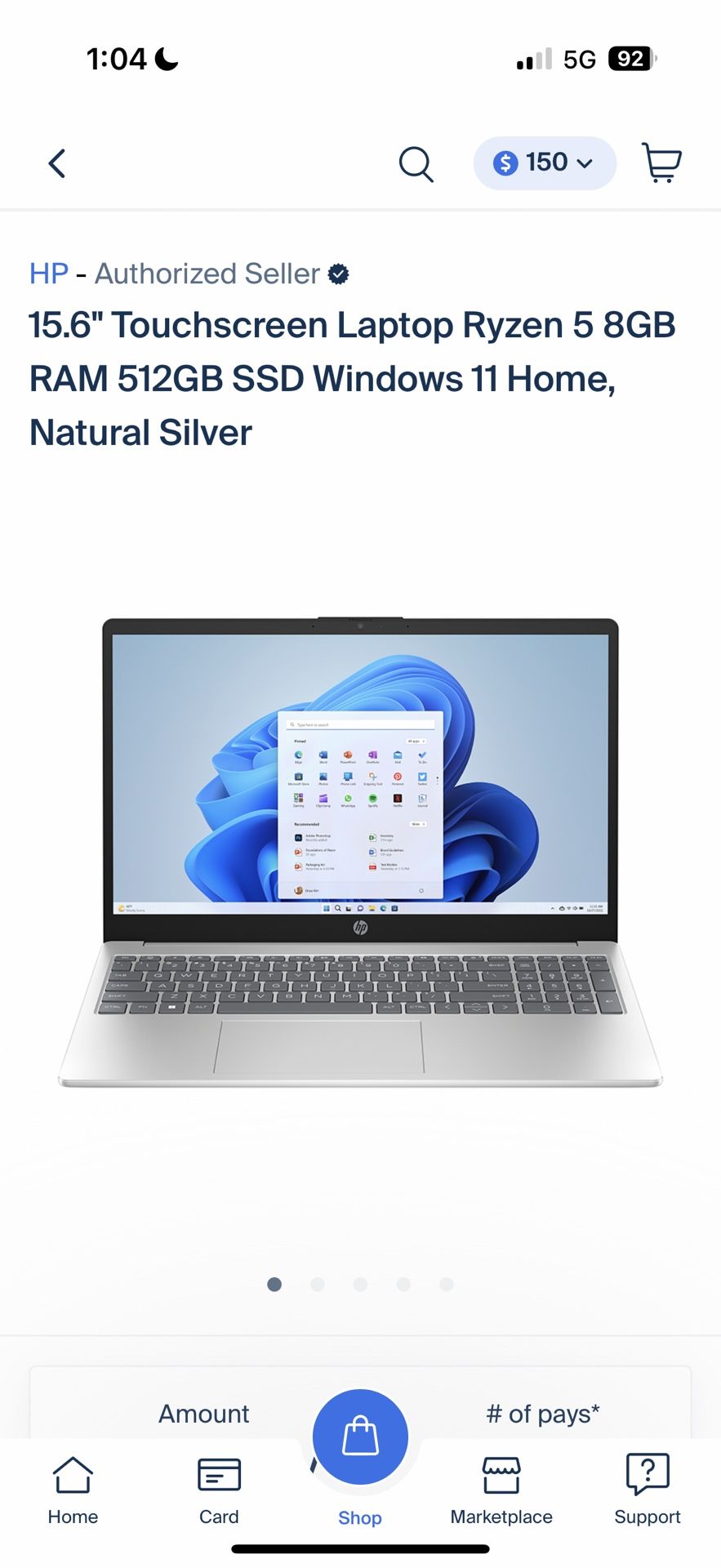 15.6" Touchscreen Laptop Ryzen 5 8GB RAM 512GB SSD Windows 11 Home, Natural Silver