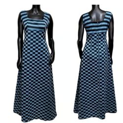 Vintage 70s Uschi Modell Size 42 Blue Black Checker Empire Waist Mod Maxi Dress
