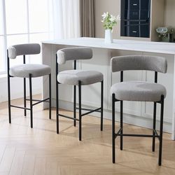 Counter Height Bar Stools, 28'' Grey Bar Stools Set of 3, Boucle Counter Stools with Back, Boucle Bar Stools for Kitchen Island, Dining Room