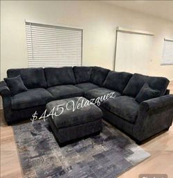 ✅️✅️️✅️4 pc Black  cordury fabric upholstered sectional sofa with ottoman✅️✅️