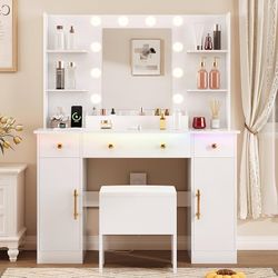 Vanity Desk with Mirror and Lights, Makeup Vanity with Charging Station & Vanity Stool, 3 Drawers and Cabinets White Vanity Mirror with RGB LED Lights