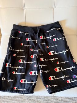 Champion Men’s Large Black All Over Logo Print Sweat Shorts Drawstring