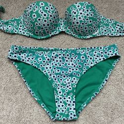 Old Navy two piece bikini in teal with navy and white floral print