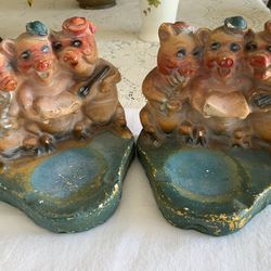 Antique 3 little pigs Chalk ware Bookends Ashtray