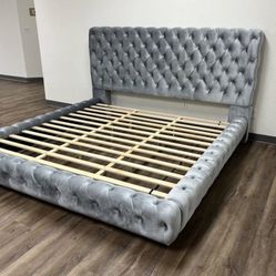 NEW King & Queen Grey Tufted Platform Bed Frame 