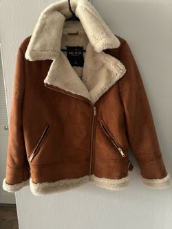 Hollister Women's Brown Faux Shearling Bomber Jacket with Cream Trim