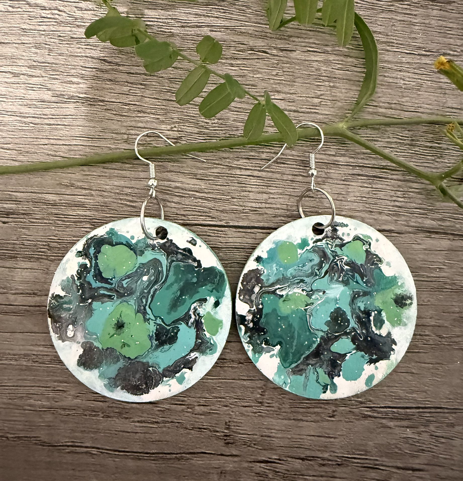 Handpainted Mint Green Wooden Earrings: Boho Marble Effect Dangles