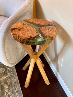 Round Wood Burl and Resin Side Table
