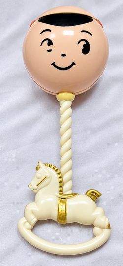 Vintage Baby Rattle Rocking Horse Carousel Toy Pink Face Nursery Decor
