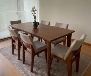 Wood Dining Table with 6 Upholstered Chairs