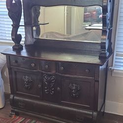1890s Oak Victorian Sideboard. Pennsylvania Manufacturing Company, 65" Tall x 52" Length x 22" Width, Beveled Mirror. Serpentine Draws, 4 Caster Wheel