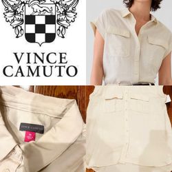Vince Camuto oversized Button Front, nude beige Cap Sleeve Utility Shirt Xs