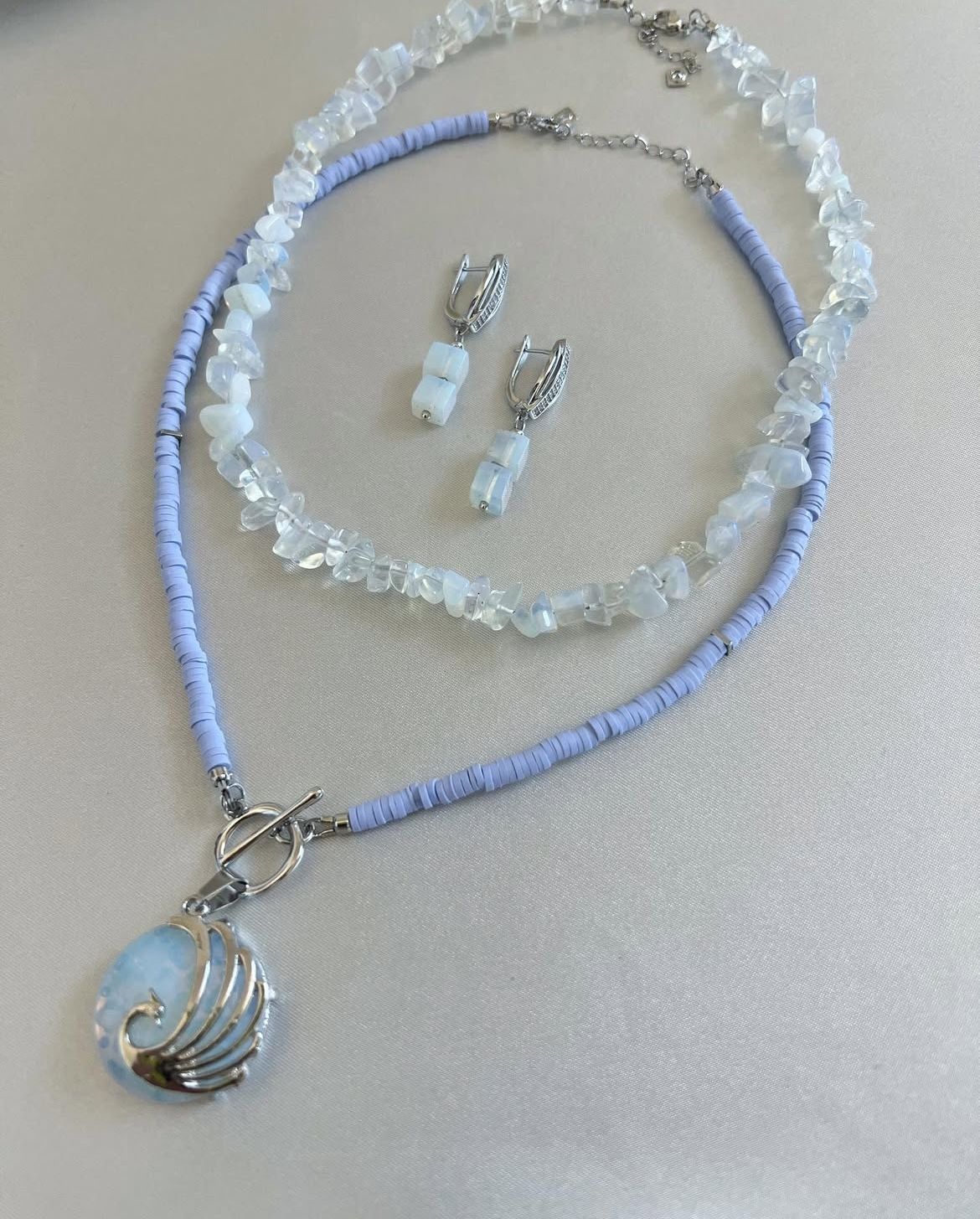 Natural Opal & Polymer Clay Beads Necklace Set with Natural Opal Pendant and Rhodium Plated Earrings - Blue & silver - Handmade Necklace