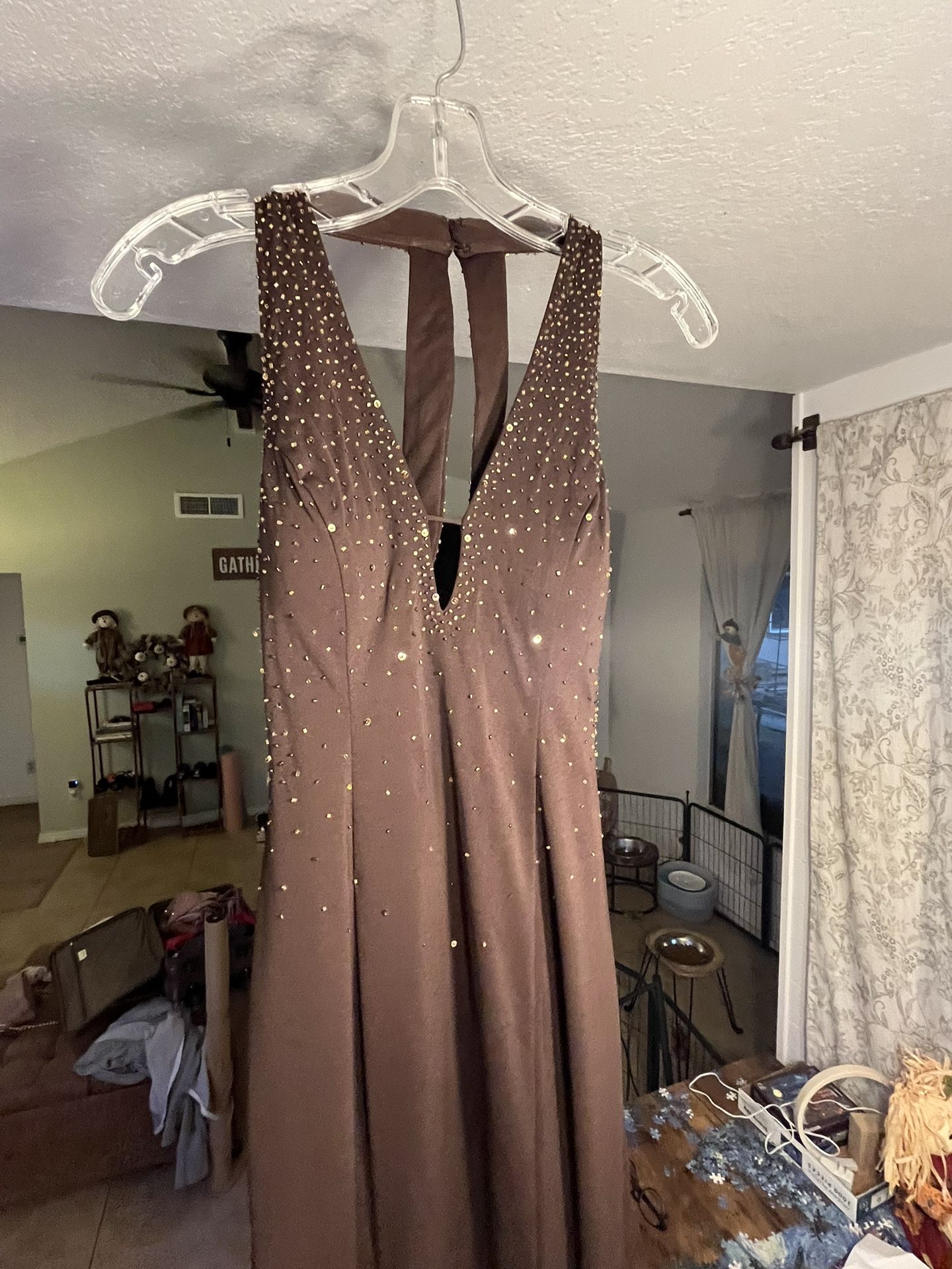 Elegant Brown Beaded Formal Gown