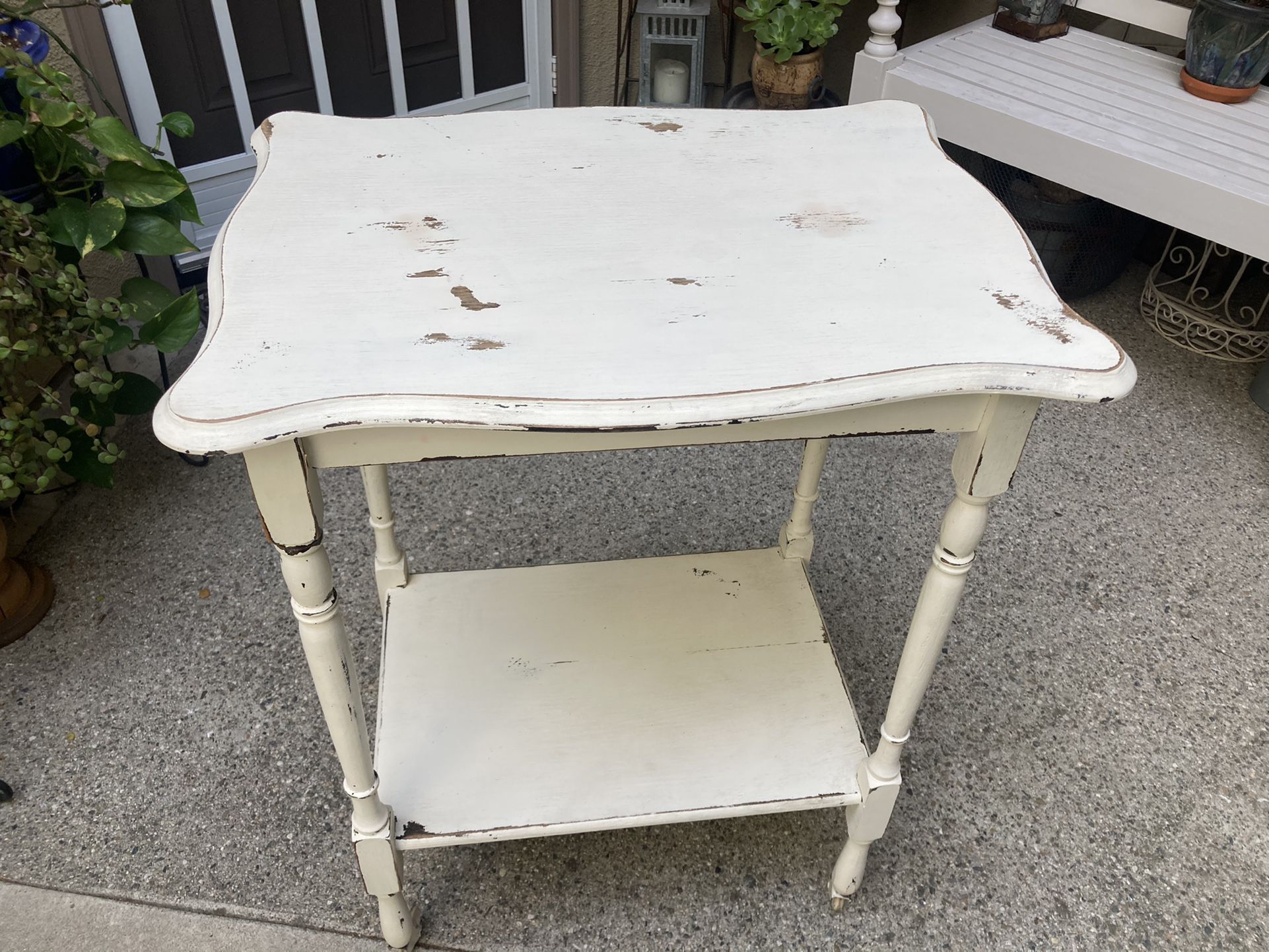 Vintage White Shabby Chic Table / Rolling Cart Shelf
