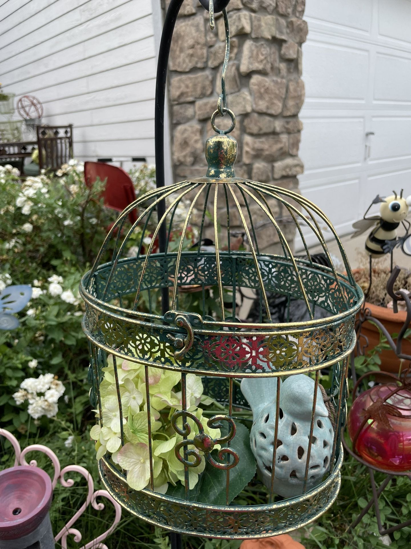 Gold Hanging Bird Cage With Porcelain Bird And Flower 