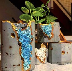 Set of 4 Succulent Pots | Cement Green Crystal Planters | Air Plant Holders | Small Plant Pots