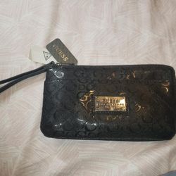 NEW WITH TAGS GUESS SILVER METAL BLACK LOGO CLUTCH WALLET WRISTLET COIN PURSE BAG ORGANIZER