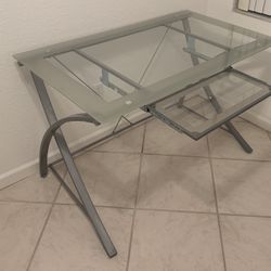 Silver Glass Desk With Pullout keyboard Tray